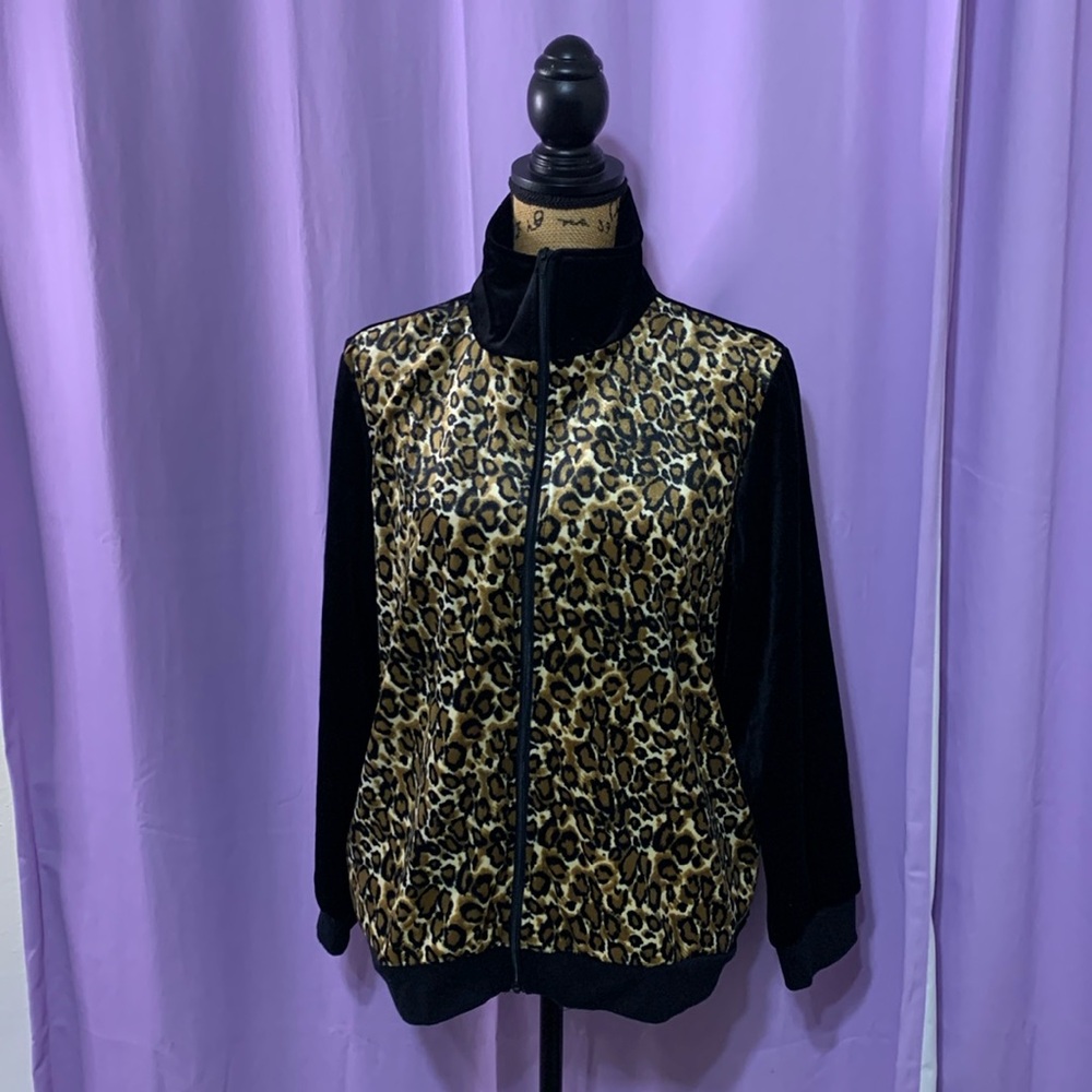 ANTHONY RICHARDS Full Zip 2 Side Pockets Hood Leopard  Velour Jacket Size L